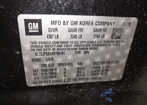 2019 Chevrolet Trax Lt из США, поврежденный, VIN KL7CJPSBXKB789781